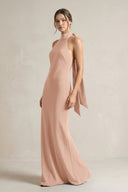 Halter Sheath Satin Bridesmaid Dress With Bow in Champagne Rose - KISS BRIDAL Bridesmaid Dresses