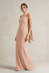 Halter Sheath Satin Bridesmaid Dress With Bow in Champagne Rose - KISS BRIDAL Bridesmaid Dresses