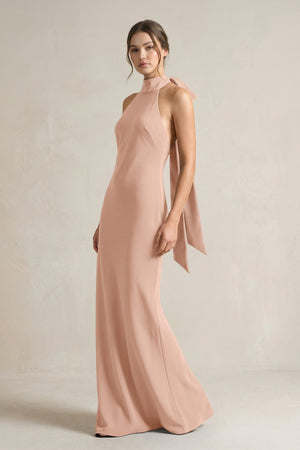 Halter Sheath Satin Bridesmaid Dress With Bow in Champagne Rose - KISS BRIDAL Bridesmaid Dresses