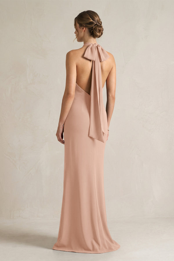 Halter Sheath Satin Bridesmaid Dress With Bow in Champagne Rose - KISS BRIDAL Bridesmaid Dresses