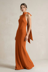 Halter Sheath Satin Bridesmaid Dress With Bow in Cinnamon - KISS BRIDAL Bridesmaid Dresses