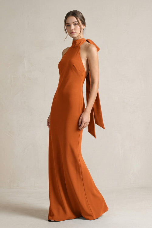 Halter Sheath Satin Bridesmaid Dress With Bow in Cinnamon - KISS BRIDAL Bridesmaid Dresses