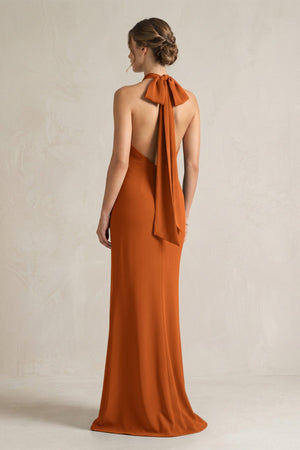 Halter Sheath Satin Bridesmaid Dress With Bow in Cinnamon - KISS BRIDAL Bridesmaid Dresses