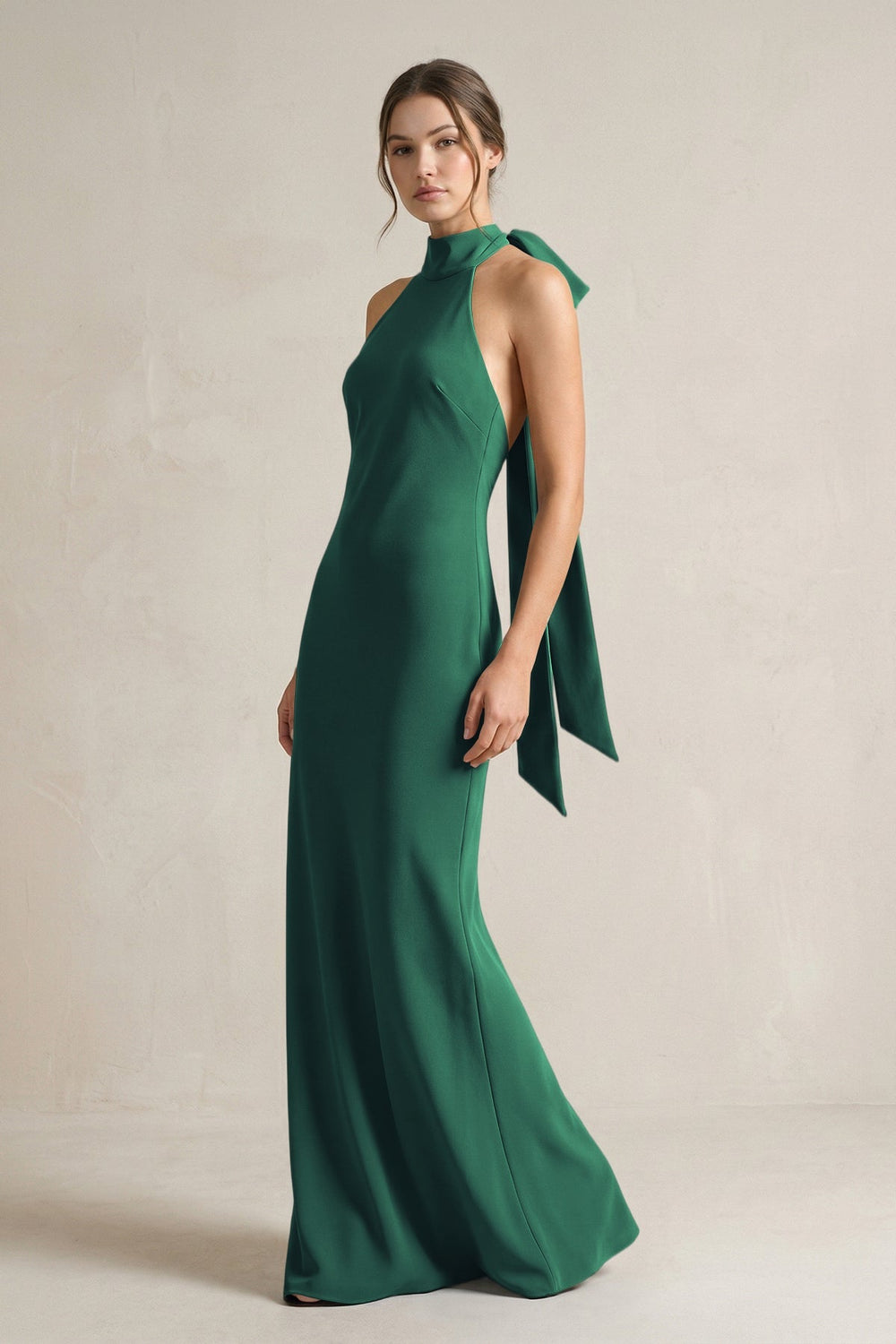 Halter Sheath Satin Bridesmaid Dress With Bow in Dark Green - KISS BRIDAL Bridesmaid Dresses