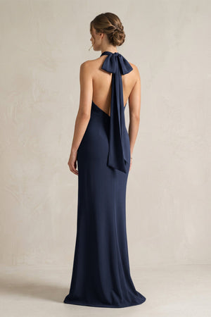 Halter Sheath Satin Bridesmaid Dress With Bow in Dark Navy - KISS BRIDAL Bridesmaid Dresses