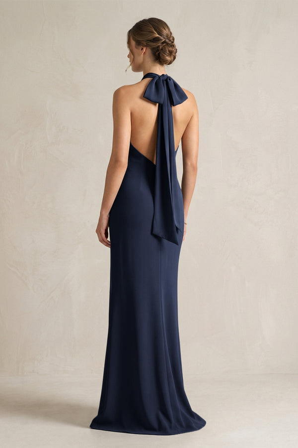 Halter Sheath Satin Bridesmaid Dress With Bow in Dark Navy - KISS BRIDAL Bridesmaid Dresses