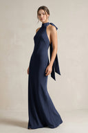 Halter Sheath Satin Bridesmaid Dress With Bow in Dark Navy - KISS BRIDAL Bridesmaid Dresses
