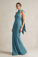 Halter Sheath Satin Bridesmaid Dress With Bow in Dark Teal - KISS BRIDAL Bridesmaid Dresses