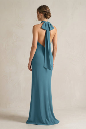 Halter Sheath Satin Bridesmaid Dress With Bow in Dark Teal - KISS BRIDAL Bridesmaid Dresses