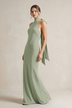 Halter Sheath Satin Bridesmaid Dress With Bow in Dove Gray - KISS BRIDAL Bridesmaid Dresses