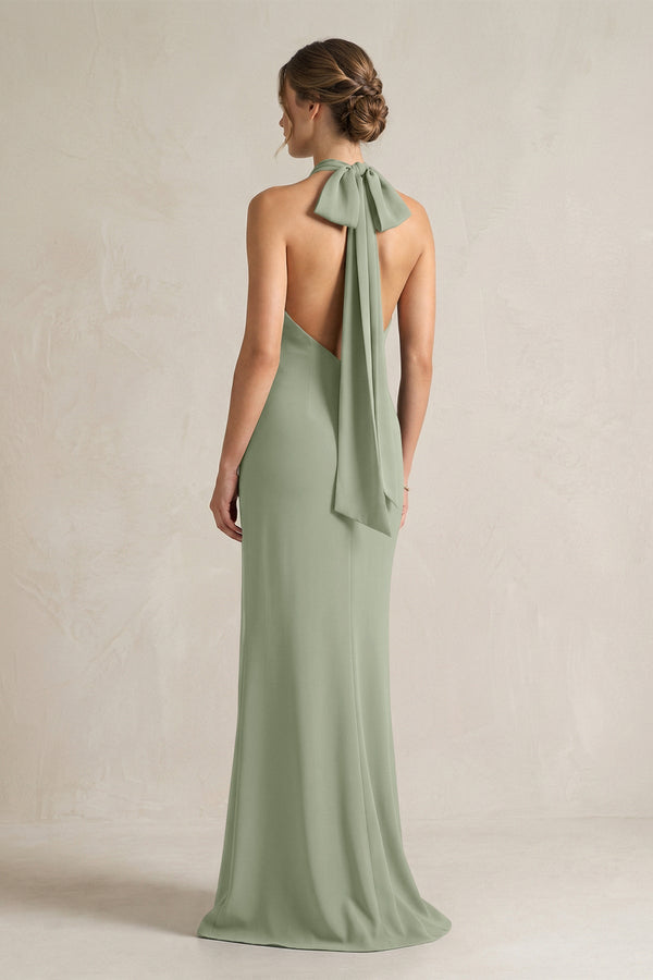 Halter Sheath Satin Bridesmaid Dress With Bow in Dove Gray - KISS BRIDAL Bridesmaid Dresses