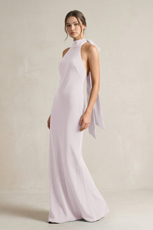 Halter Sheath Satin Bridesmaid Dress With Bow in Dusk - KISS BRIDAL Bridesmaid Dresses