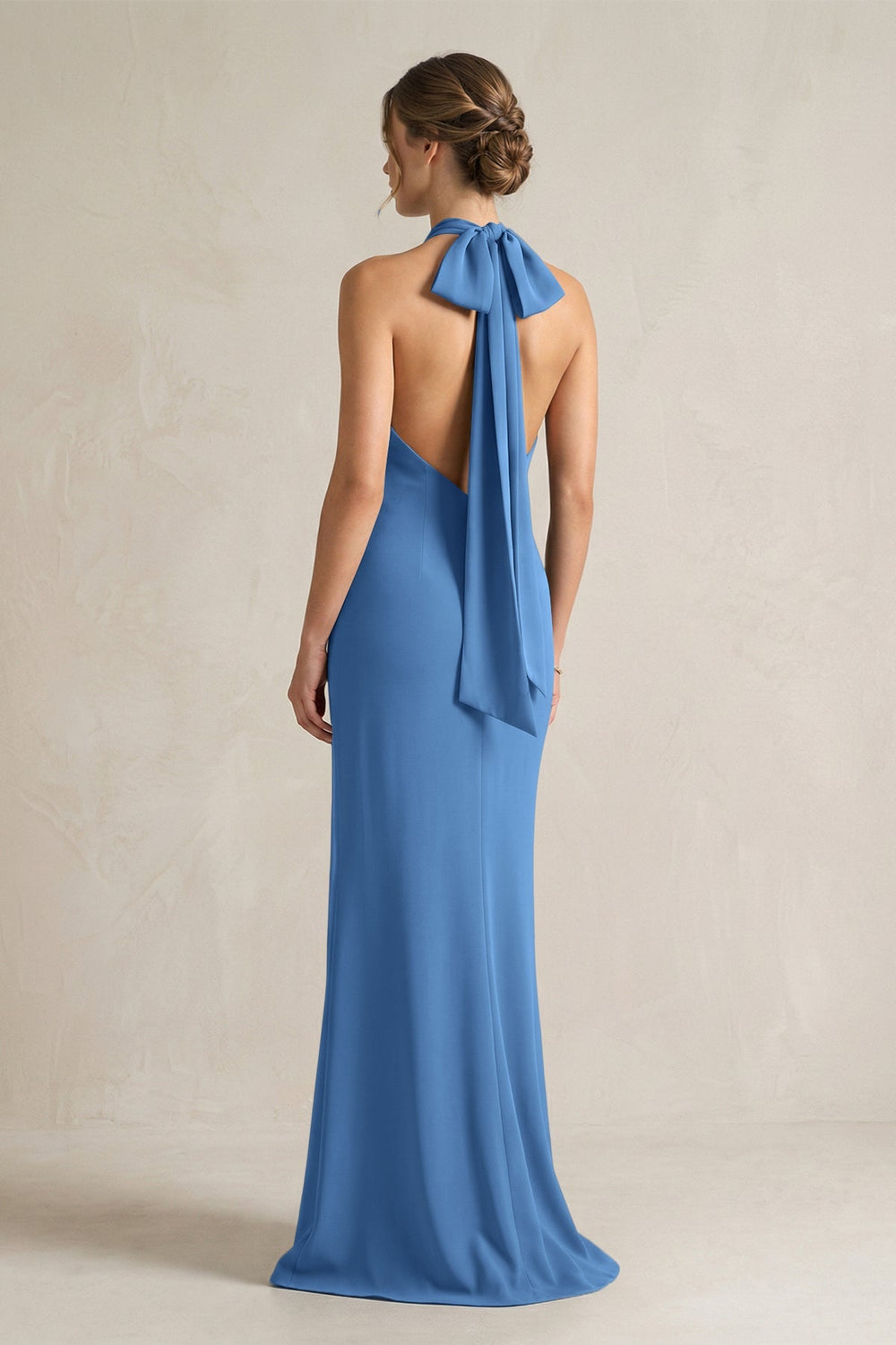 Halter Sheath Satin Bridesmaid Dress With Bow in Dusty Blue - KISS BRIDAL Bridesmaid Dresses