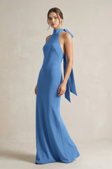 Halter Sheath Satin Bridesmaid Dress With Bow in Dusty Blue - KISS BRIDAL Bridesmaid Dresses