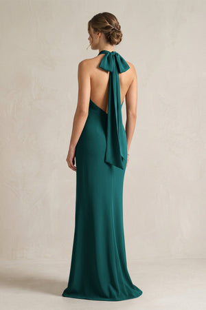Halter Sheath Satin Bridesmaid Dress With Bow in Emerald - KISS BRIDAL Bridesmaid Dresses