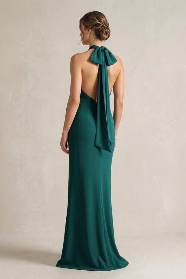 Halter Sheath Satin Bridesmaid Dress With Bow in Emerald - KISS BRIDAL Bridesmaid Dresses