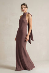 Halter Sheath Satin Bridesmaid Dress With Bow in Espresso - KISS BRIDAL Bridesmaid Dresses