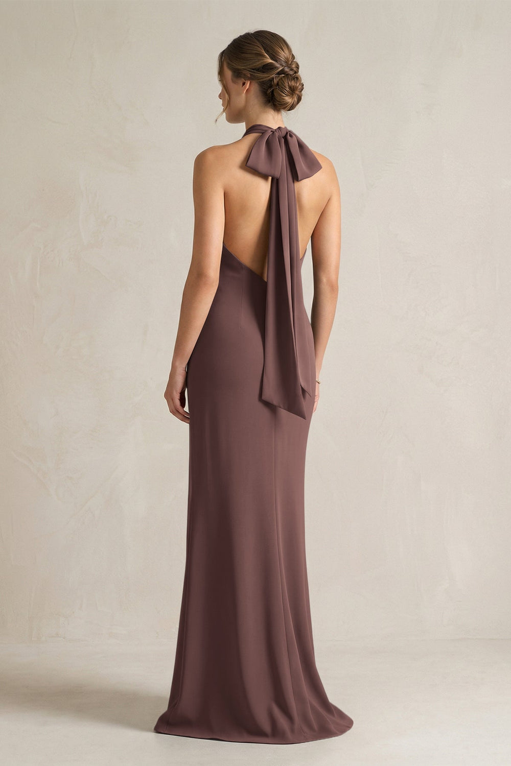 Halter Sheath Satin Bridesmaid Dress With Bow in Espresso - KISS BRIDAL Bridesmaid Dresses