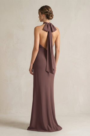 Halter Sheath Satin Bridesmaid Dress With Bow in Espresso - KISS BRIDAL Bridesmaid Dresses