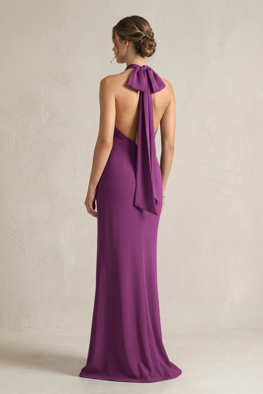 Halter Sheath Satin Bridesmaid Dress With Bow in Fig - KISS BRIDAL Bridesmaid Dresses