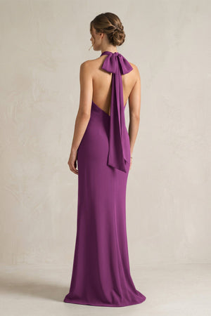 Halter Sheath Satin Bridesmaid Dress With Bow in Fig - KISS BRIDAL Bridesmaid Dresses