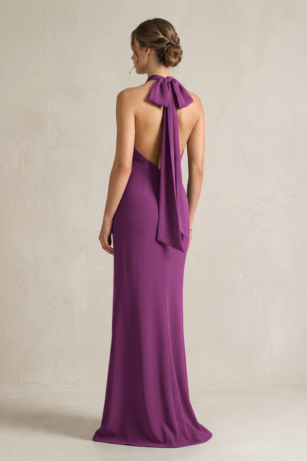 Halter Sheath Satin Bridesmaid Dress With Bow in Fig - KISS BRIDAL Bridesmaid Dresses