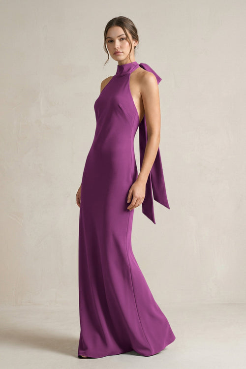 Halter Sheath Satin Bridesmaid Dress With Bow in Fig - KISS BRIDAL Bridesmaid Dresses