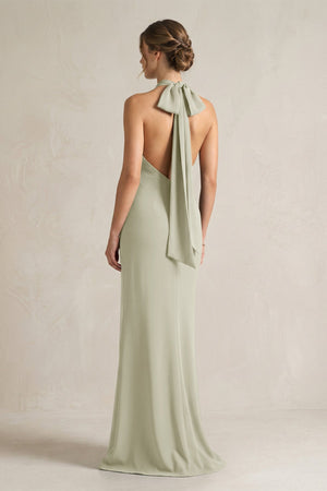 Halter Sheath Satin Bridesmaid Dress With Bow in Frost - KISS BRIDAL Bridesmaid Dresses