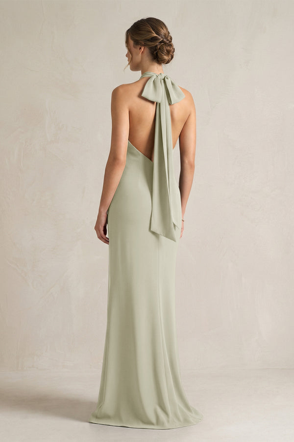 Halter Sheath Satin Bridesmaid Dress With Bow in Frost - KISS BRIDAL Bridesmaid Dresses