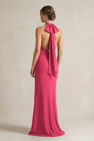 Halter Sheath Satin Bridesmaid Dress With Bow in Fuchsia - KISS BRIDAL Bridesmaid Dresses