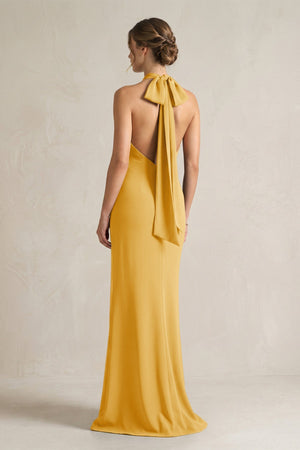 Halter Sheath Satin Bridesmaid Dress With Bow in Gold - KISS BRIDAL Bridesmaid Dresses