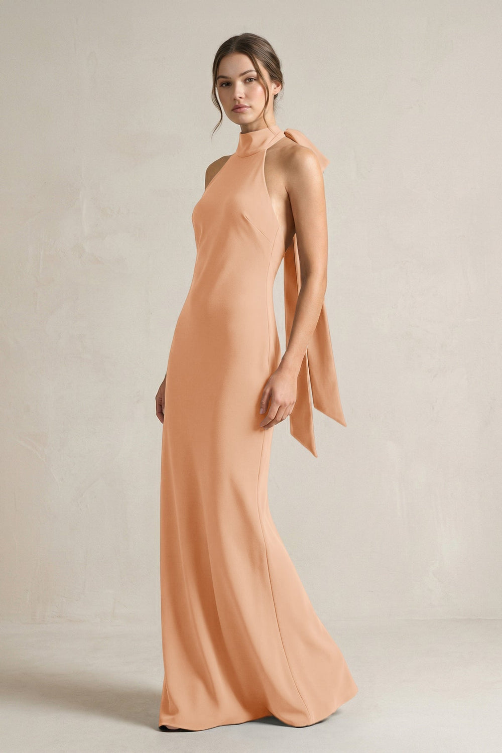 Halter Sheath Satin Bridesmaid Dress With Bow in Golden Champagne - KISS BRIDAL Bridesmaid Dresses