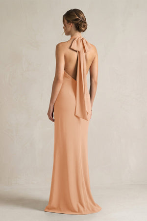 Halter Sheath Satin Bridesmaid Dress With Bow in Golden Champagne - KISS BRIDAL Bridesmaid Dresses