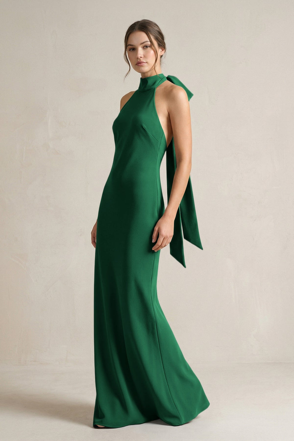Halter Sheath Satin Bridesmaid Dress With Bow in Green - KISS BRIDAL Bridesmaid Dresses
