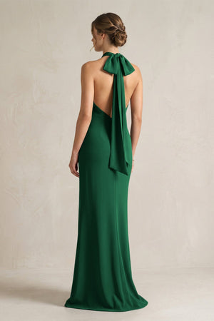 Halter Sheath Satin Bridesmaid Dress With Bow in Green - KISS BRIDAL Bridesmaid Dresses