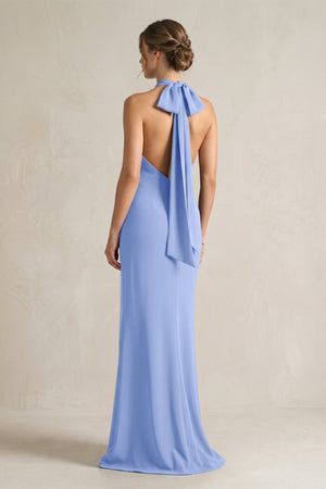 Halter Sheath Satin Bridesmaid Dress With Bow in Ice - KISS BRIDAL Bridesmaid Dresses