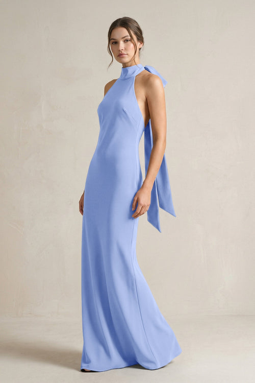 Halter Sheath Satin Bridesmaid Dress With Bow in Ice - KISS BRIDAL Bridesmaid Dresses