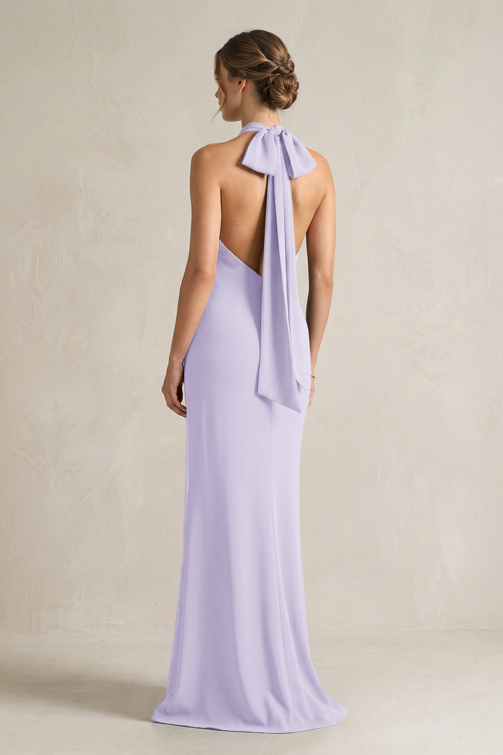 Halter Sheath Satin Bridesmaid Dress With Bow in Lavender - KISS BRIDAL Bridesmaid Dresses