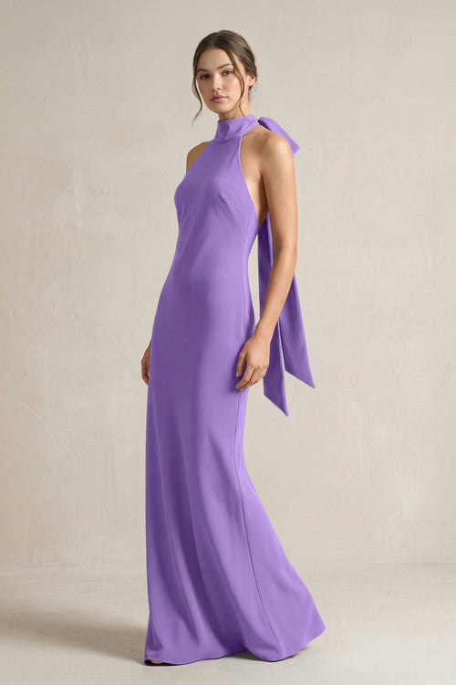 Halter Sheath Satin Bridesmaid Dress With Bow in Lilac - KISS BRIDAL Bridesmaid Dresses
