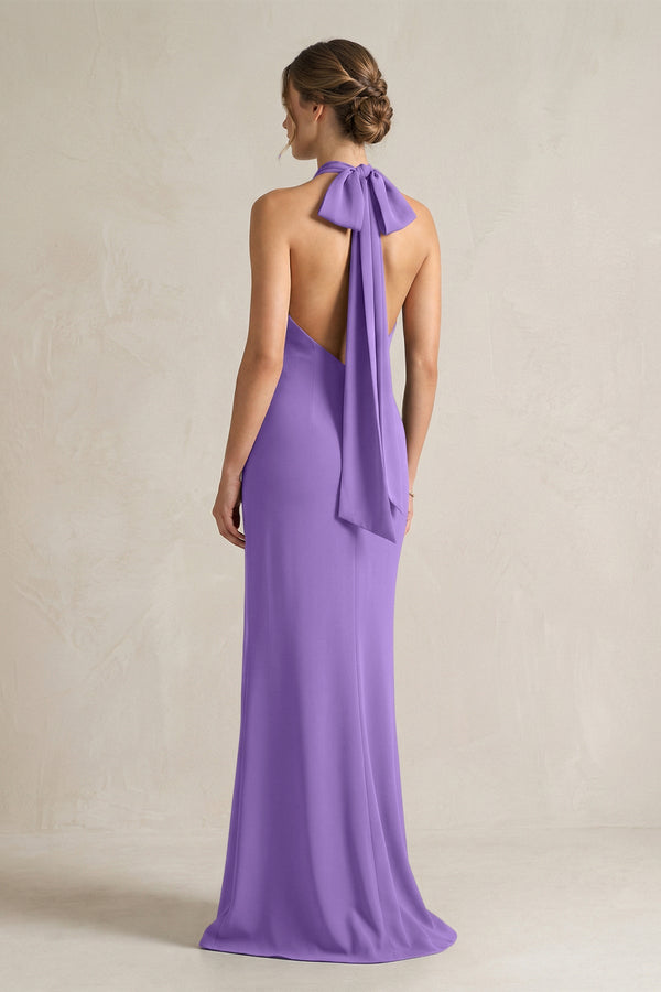 Halter Sheath Satin Bridesmaid Dress With Bow in Lilac - KISS BRIDAL Bridesmaid Dresses