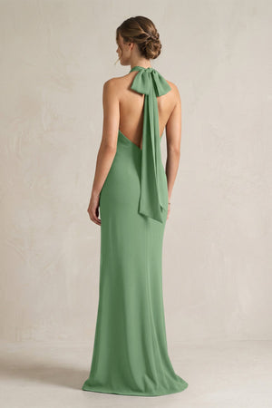 Halter Sheath Satin Bridesmaid Dress With Bow in Matcha - KISS BRIDAL Bridesmaid Dresses