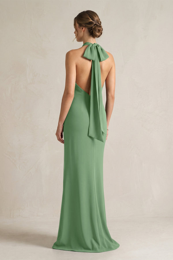 Halter Sheath Satin Bridesmaid Dress With Bow in Matcha - KISS BRIDAL Bridesmaid Dresses