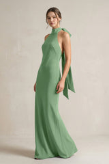 Halter Sheath Satin Bridesmaid Dress With Bow in Matcha - KISS BRIDAL Bridesmaid Dresses