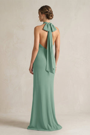 Halter Sheath Satin Bridesmaid Dress With Bow in Mint Green - KISS BRIDAL Bridesmaid Dresses