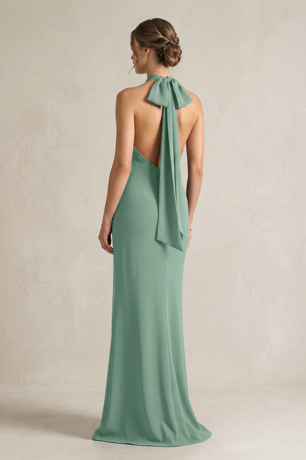 Halter Sheath Satin Bridesmaid Dress With Bow in Mint Green - KISS BRIDAL Bridesmaid Dresses