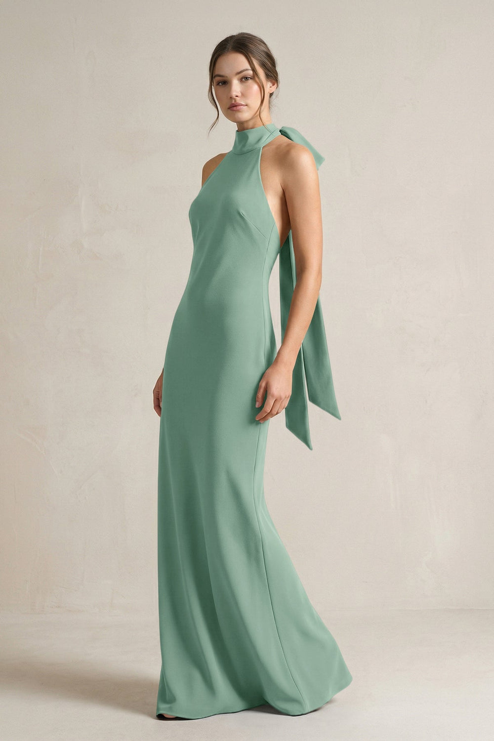 Halter Sheath Satin Bridesmaid Dress With Bow in Mint Green - KISS BRIDAL Bridesmaid Dresses