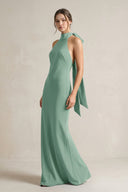 Halter Sheath Satin Bridesmaid Dress With Bow in Mint Green - KISS BRIDAL Bridesmaid Dresses