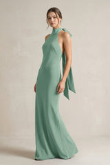 Halter Sheath Satin Bridesmaid Dress With Bow in Mint Green - KISS BRIDAL Bridesmaid Dresses