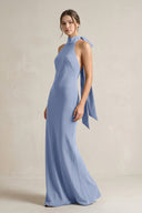 Halter Sheath Satin Bridesmaid Dress With Bow in Mist - KISS BRIDAL Bridesmaid Dresses
