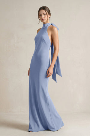 Halter Sheath Satin Bridesmaid Dress With Bow in Mist - KISS BRIDAL Bridesmaid Dresses